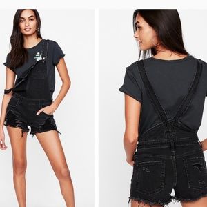 Express black distressed denim overalls